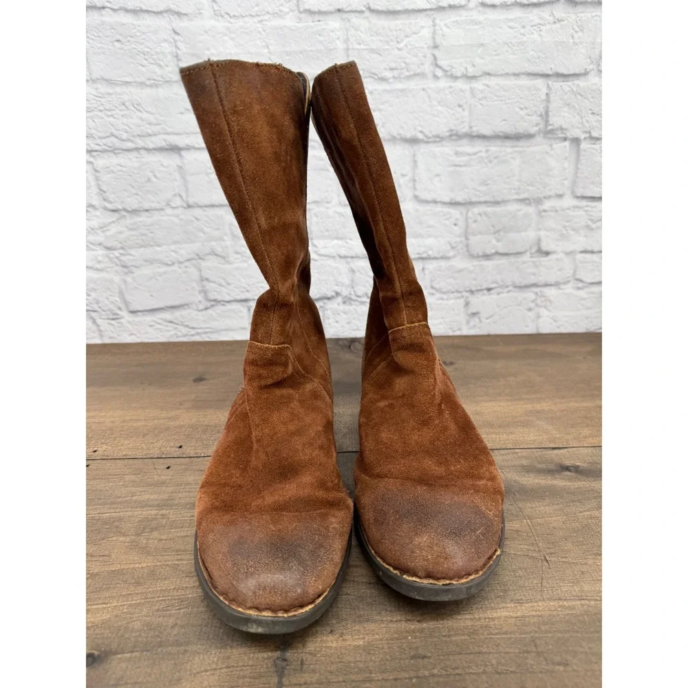 Born Brown Suede Mid Calf Boots Women's 10M Side Zip Leather Boho Rustic Moto